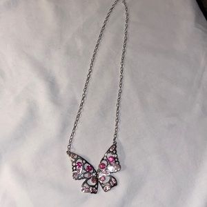 Silver pink gemstone butterfly necklace